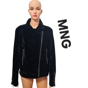Mango MNG Black Velvet Moto Biker Jacket Long Sleeve Sz L